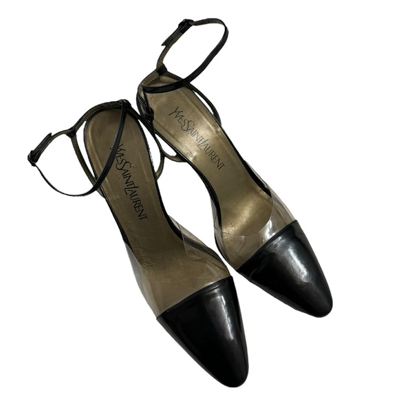 Yves Saint Laurent Lome Plt Clear Strap Black Crepe Heels Size 9 - Picture 2 of 9